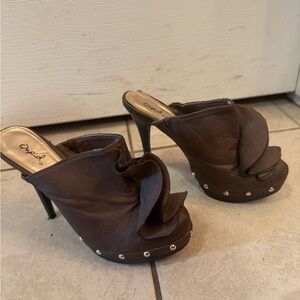 Cupid Brown Mules with Stiletto Heel and Studded Sole